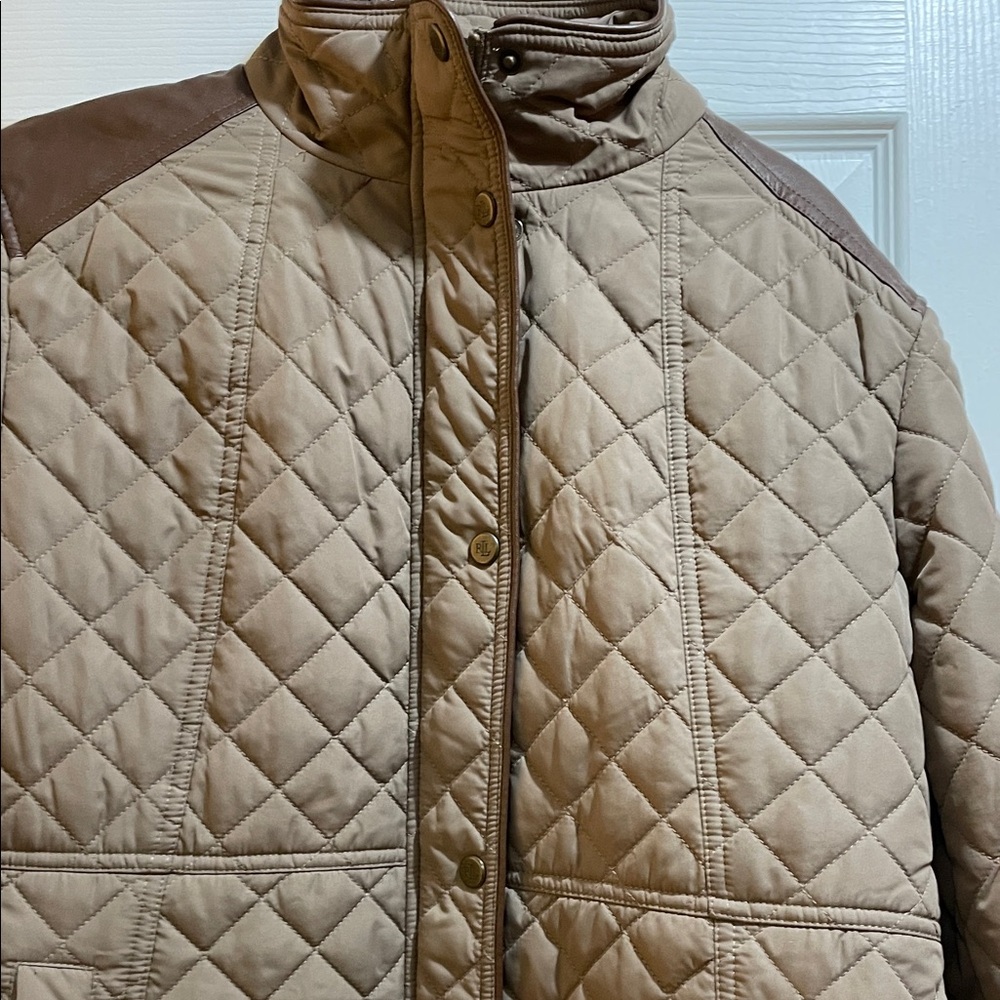 Lauren Ralph Lauren Faux-Leather-Trim Quilted Brown/Tan Jacket - Picture 12 of 15